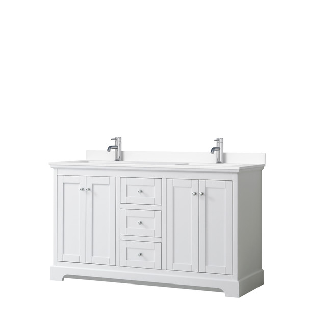 Avery 60 Inch Double Bathroom Vanity In White, White Cultured Marble Countertop, Undermount Square Sinks, No Mirror