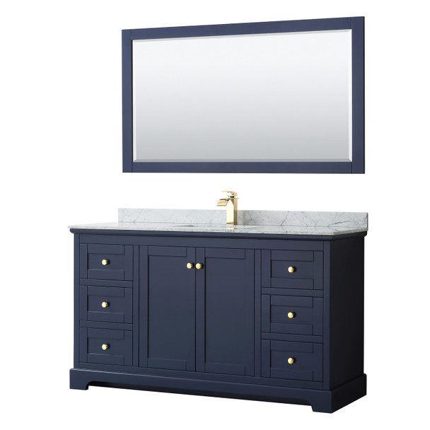 Avery 60 Inch Single Bathroom Vanity In Dark Blue, White Carrara Marble Countertop, Undermount Square Sink, And 58 Inch Mirror