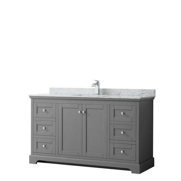 Avery 60 Inch Single Bathroom Vanity In Dark Gray, White Carrara Marble Countertop, Undermount Square Sink, And No Mirror