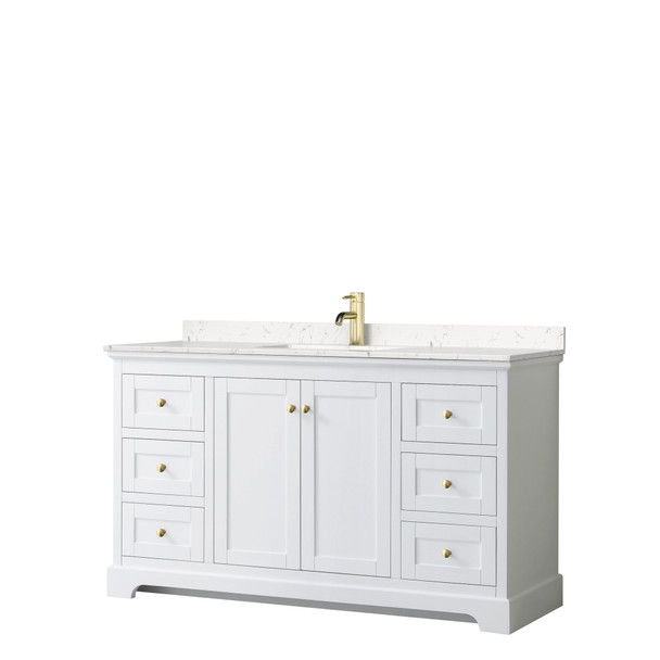 Avery 60 Inch Single Bathroom Vanity In White, Carrara Cultured Marble Countertop, Undermount Square Sink, Brushed Gold Trim