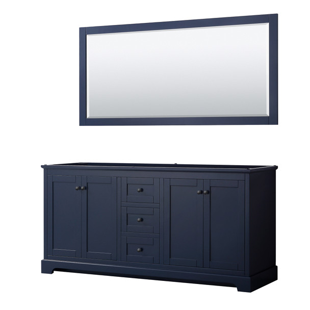 Avery 72 Inch Double Bathroom Vanity In Dark Blue, No Countertop, No Sinks, Matte Black Trim, 70 Inch Mirror