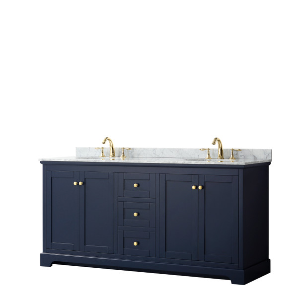 Avery 72 Inch Double Bathroom Vanity In Dark Blue, White Carrara Marble Countertop, Undermount Oval Sinks, And No Mirror