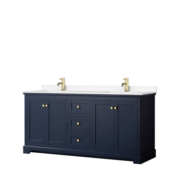 Avery 72 Inch Double Bathroom Vanity In Dark Blue, White Cultured Marble Countertop, Undermount Square Sinks, No Mirror