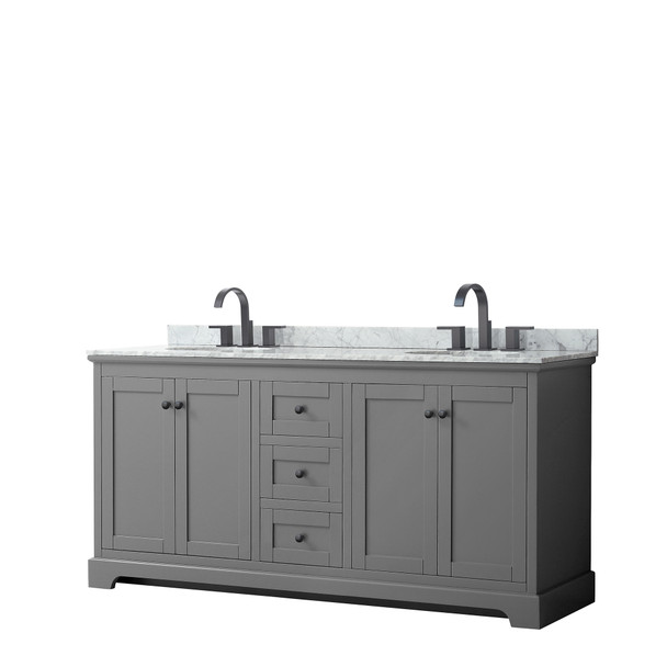 Avery 72 Inch Double Bathroom Vanity In Dark Gray, White Carrara Marble Countertop, Undermount Oval Sinks, Matte Black Trim