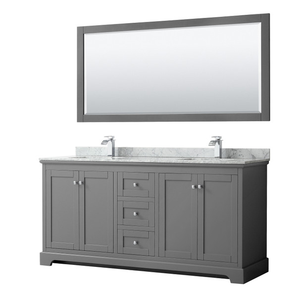 Avery 72 Inch Double Bathroom Vanity In Dark Gray, White Carrara Marble Countertop, Undermount Square Sinks, And 70 Inch Mirror