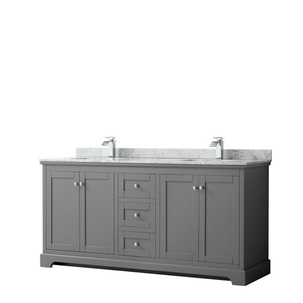 Avery 72 Inch Double Bathroom Vanity In Dark Gray, White Carrara Marble Countertop, Undermount Square Sinks, And No Mirror