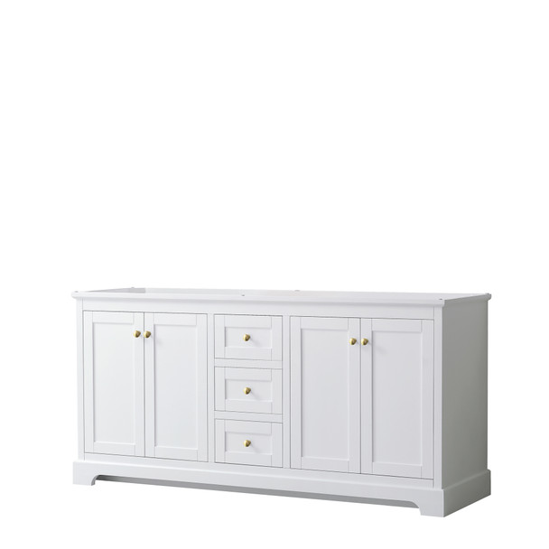 Avery 72 Inch Double Bathroom Vanity In White, No Countertop, No Sinks, Brushed Gold Trim