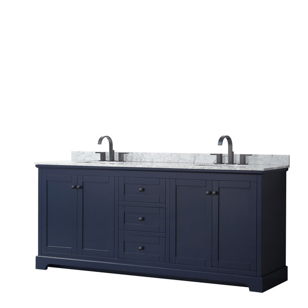 Avery 80 Inch Double Bathroom Vanity In Dark Blue, White Carrara Marble Countertop, Undermount Oval Sinks, Matte Black Trim