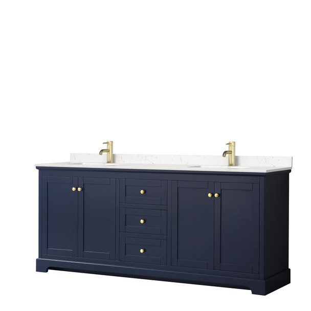 Avery 80 Inch Double Bathroom Vanity In Dark Blue, Carrara Cultured Marble Countertop, Undermount Square Sinks, No Mirror