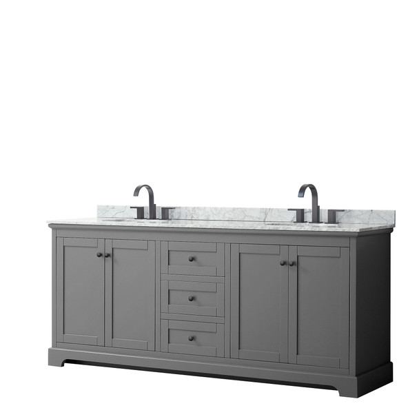 Avery 80 Inch Double Bathroom Vanity In Dark Gray, White Carrara Marble Countertop, Undermount Oval Sinks, Matte Black Trim