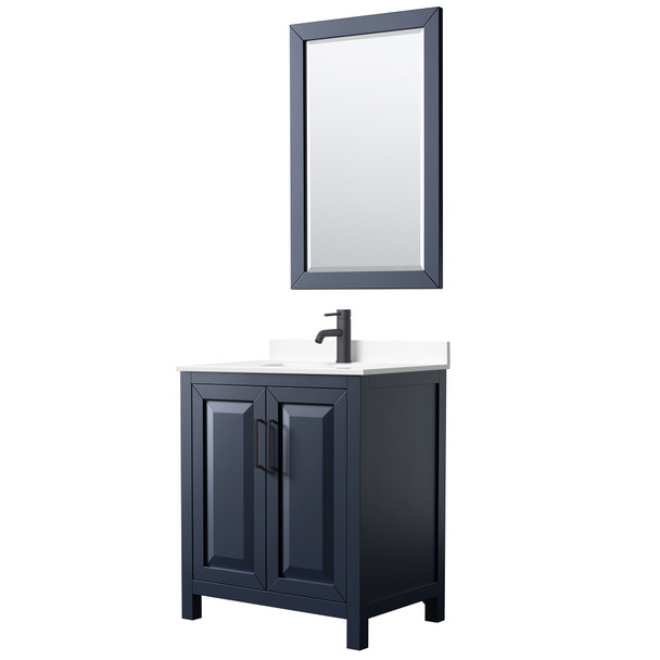 Daria 30 Inch Single Bathroom Vanity In Dark Blue, White Cultured Marble Countertop, Undermount Square Sink, Matte Black Trim, 24 Inch Mirror