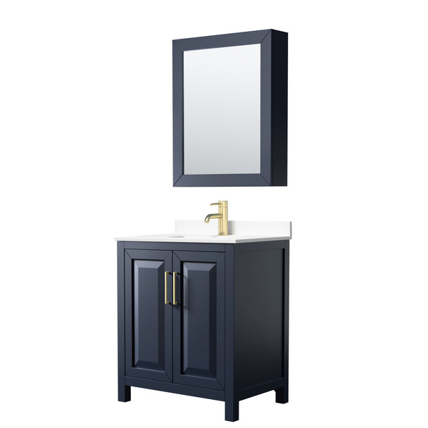 Daria 30 Inch Single Bathroom Vanity In Dark Blue, White Cultured Marble Countertop, Undermount Square Sink, Medicine Cabinet