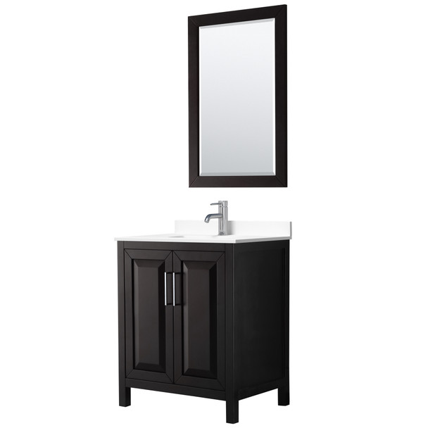 Daria 30 Inch Single Bathroom Vanity In Dark Espresso, White Cultured Marble Countertop, Undermount Square Sink, 24 Inch Mirror