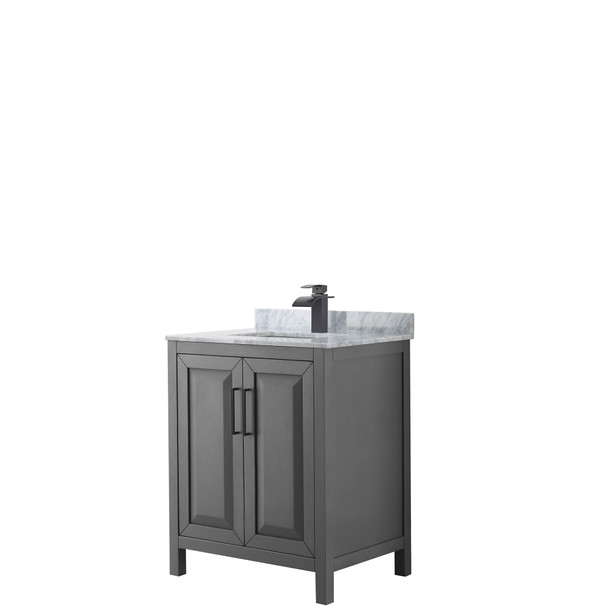 Daria 30 Inch Single Bathroom Vanity In Dark Gray, White Carrara Marble Countertop, Undermount Square Sink, Matte Black Trim