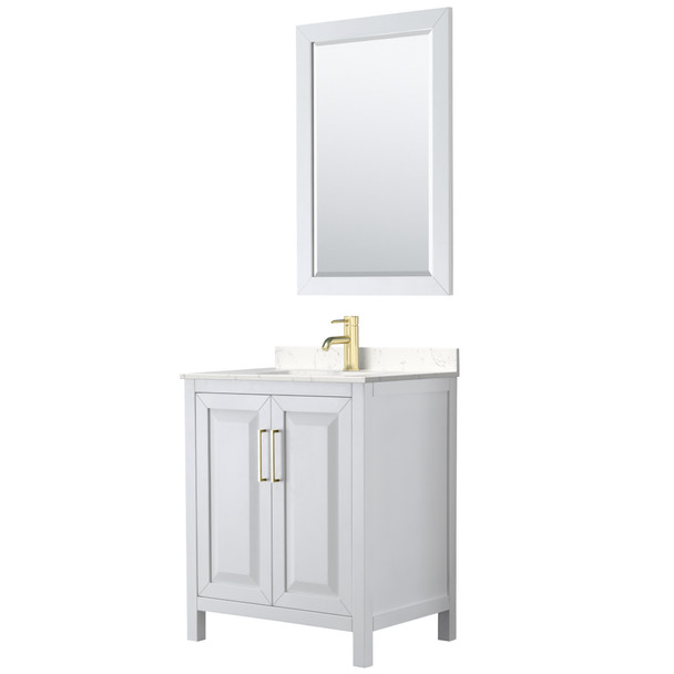 Daria 30 Inch Single Bathroom Vanity In White, Carrara Cultured Marble Countertop, Undermount Square Sink, 24 Inch Mirror, Brushed Gold Trim