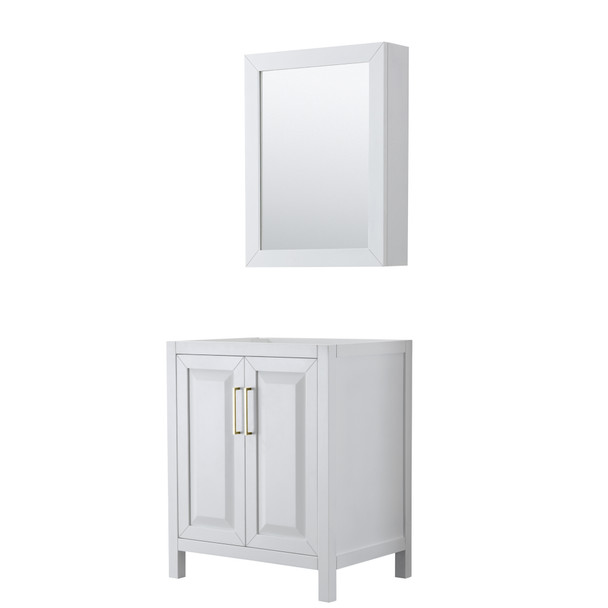 Daria 30 Inch Single Bathroom Vanity In White, No Countertop, No Sink, Medicine Cabinet, Brushed Gold Trim