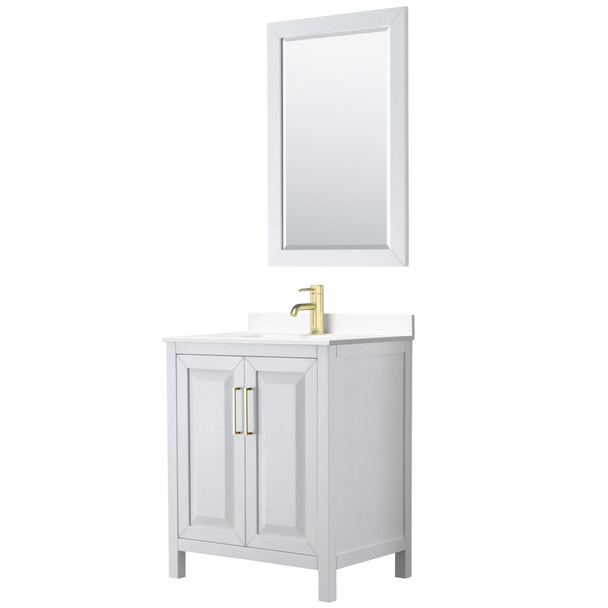 Daria 30 Inch Single Bathroom Vanity In White, White Cultured Marble Countertop, Undermount Square Sink, 24 Inch Mirror, Brushed Gold Trim