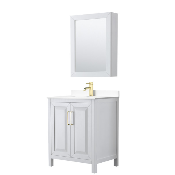 Daria 30 Inch Single Bathroom Vanity In White, White Cultured Marble Countertop, Undermount Square Sink, Medicine Cabinet, Brushed Gold Trim