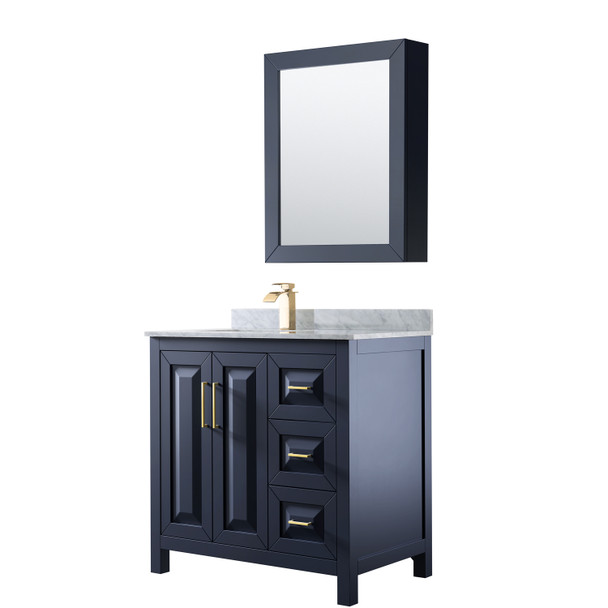 Daria 36 Inch Single Bathroom Vanity In Dark Blue, White Carrara Marble Countertop, Undermount Square Sink, Medicine Cabinet