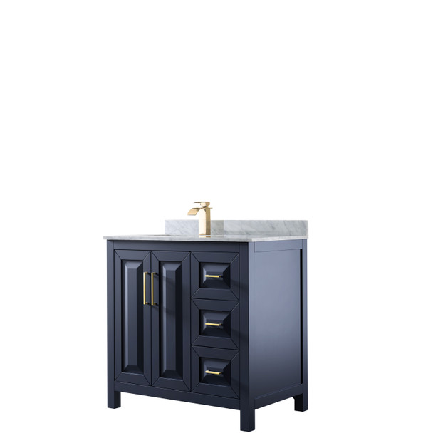 Daria 36 Inch Single Bathroom Vanity In Dark Blue, White Carrara Marble Countertop, Undermount Square Sink, No Mirror