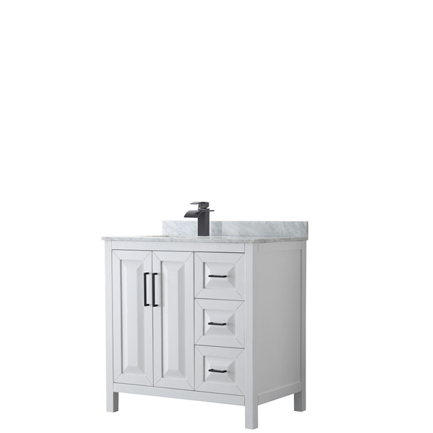 Daria 36 Inch Single Bathroom Vanity In White, White Carrara Marble Countertop, Undermount Square Sink, Matte Black Trim