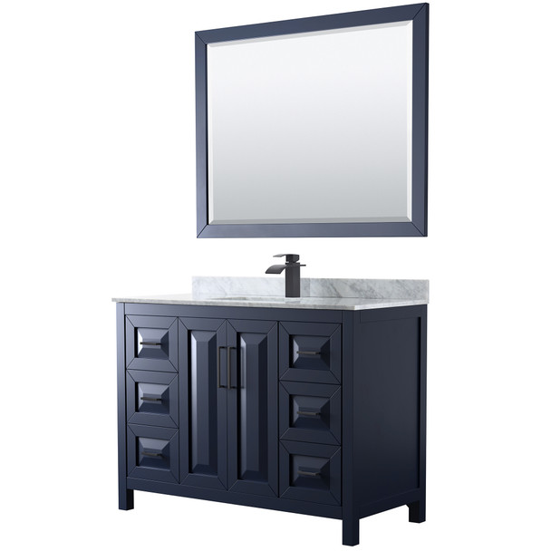 Daria 48 Inch Single Bathroom Vanity In Dark Blue, White Carrara Marble Countertop, Undermount Square Sink, Matte Black Trim, 46 Inch Mirror