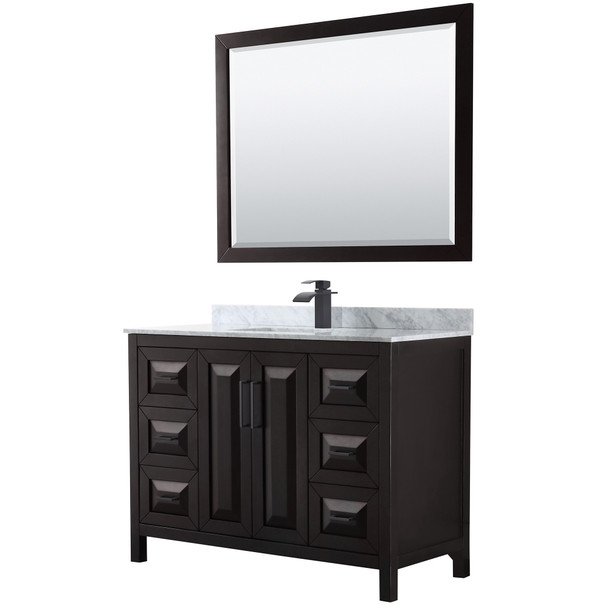 Daria 48 Inch Single Bathroom Vanity In Dark Espresso, White Carrara Marble Countertop, Undermount Square Sink, Matte Black Trim, 46 Inch Mirror