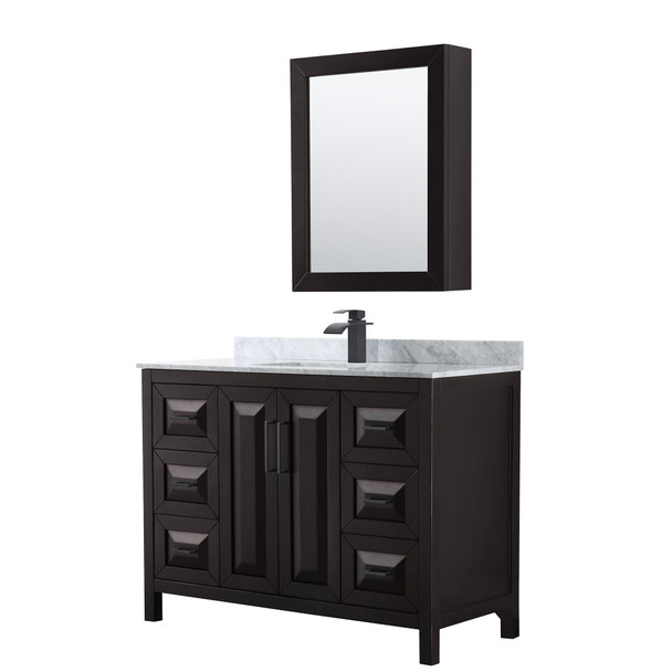 Daria 48 Inch Single Bathroom Vanity In Dark Espresso, White Carrara Marble Countertop, Undermount Square Sink, Matte Black Trim, Medicine Cabinet