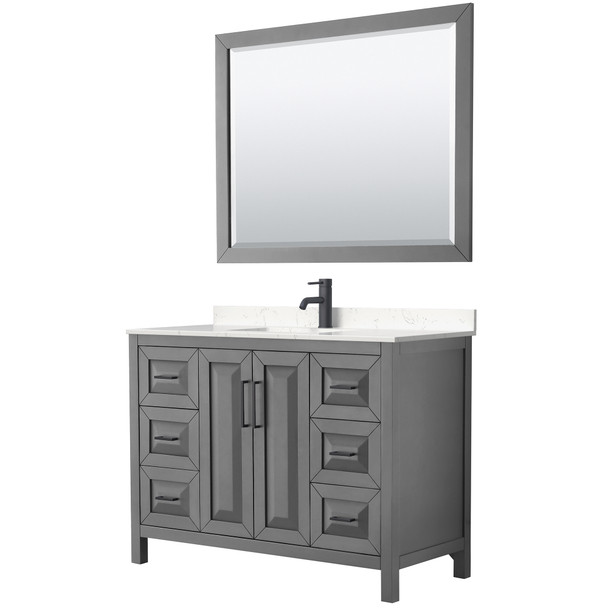 Daria 48 Inch Single Bathroom Vanity In Dark Gray, Carrara Cultured Marble Countertop, Undermount Square Sink, Matte Black Trim, 46 Inch Mirror