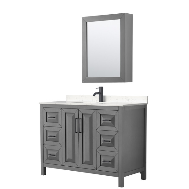 Daria 48 Inch Single Bathroom Vanity In Dark Gray, Carrara Cultured Marble Countertop, Undermount Square Sink, Matte Black Trim, Medicine Cabinet