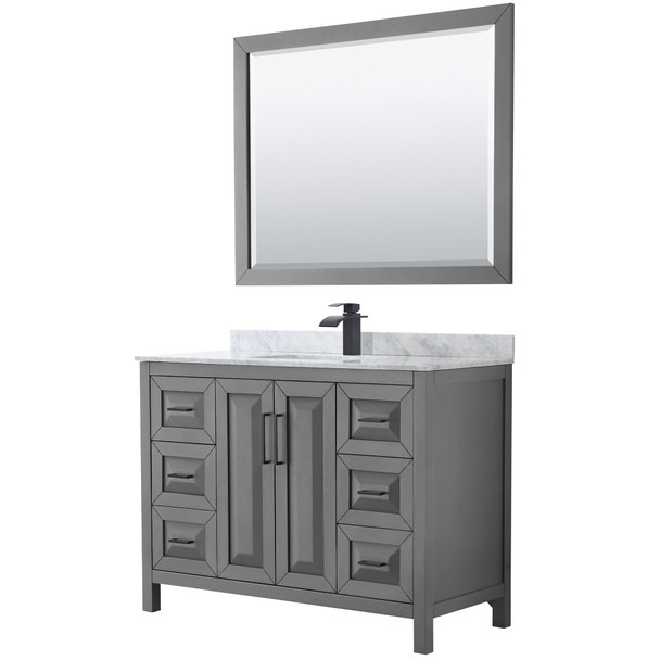Daria 48 Inch Single Bathroom Vanity In Dark Gray, White Carrara Marble Countertop, Undermount Square Sink, Matte Black Trim, 46 Inch Mirror