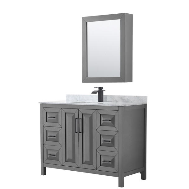 Daria 48 Inch Single Bathroom Vanity In Dark Gray, White Carrara Marble Countertop, Undermount Square Sink, Matte Black Trim, Medicine Cabinet