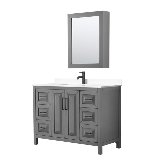 Daria 48 Inch Single Bathroom Vanity In Dark Gray, White Cultured Marble Countertop, Undermount Square Sink, Matte Black Trim, Medicine Cabinet