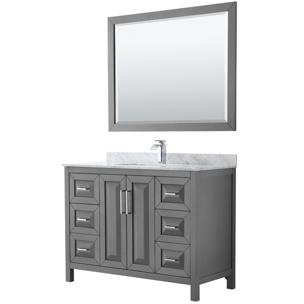 Daria 48 Inch Single Bathroom Vanity In Dark Gray, White Carrara Marble Countertop, Undermount Square Sink, And 46 Inch Mirror