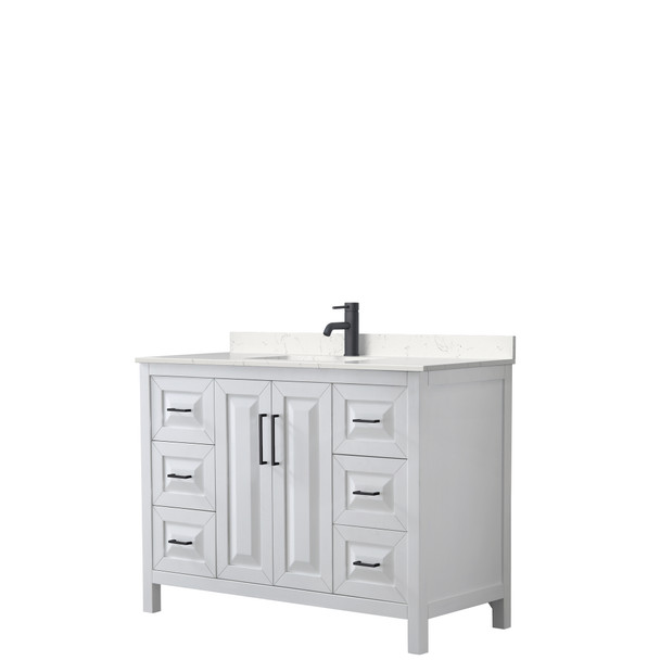 Daria 48 Inch Single Bathroom Vanity In White, Carrara Cultured Marble Countertop, Undermount Square Sink, Matte Black Trim