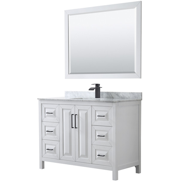 Daria 48 Inch Single Bathroom Vanity In White, White Carrara Marble Countertop, Undermount Square Sink, Matte Black Trim, 46 Inch Mirror