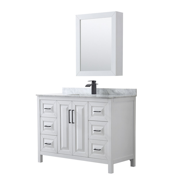 Daria 48 Inch Single Bathroom Vanity In White, White Carrara Marble Countertop, Undermount Square Sink, Matte Black Trim, Medicine Cabinet