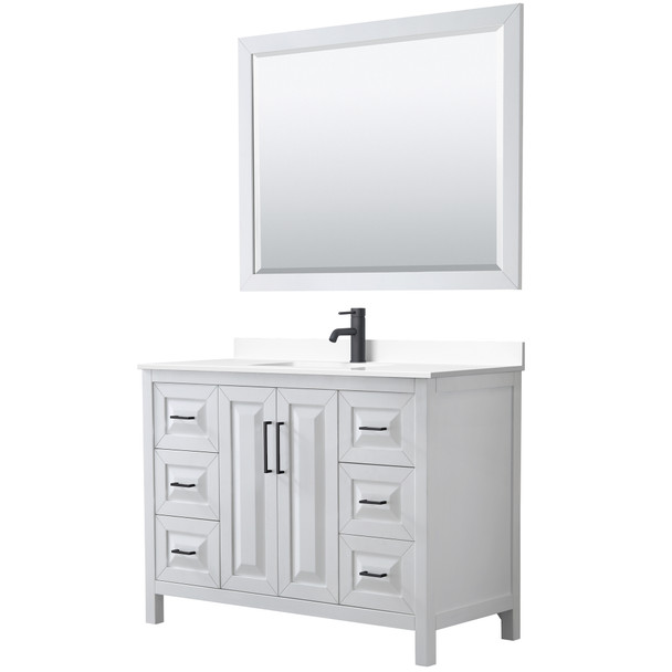 Daria 48 Inch Single Bathroom Vanity In White, White Cultured Marble Countertop, Undermount Square Sink, Matte Black Trim, 46 Inch Mirror