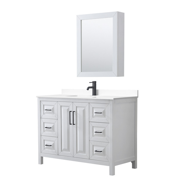 Daria 48 Inch Single Bathroom Vanity In White, White Cultured Marble Countertop, Undermount Square Sink, Matte Black Trim, Medicine Cabinet