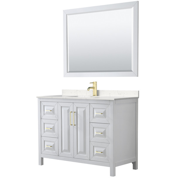 Daria 48 Inch Single Bathroom Vanity In White, Carrara Cultured Marble Countertop, Undermount Square Sink, 46 Inch Mirror, Brushed Gold Trim