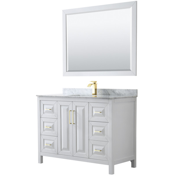 Daria 48 Inch Single Bathroom Vanity In White, White Carrara Marble Countertop, Undermount Square Sink, 46 Inch Mirror, Brushed Gold Trim