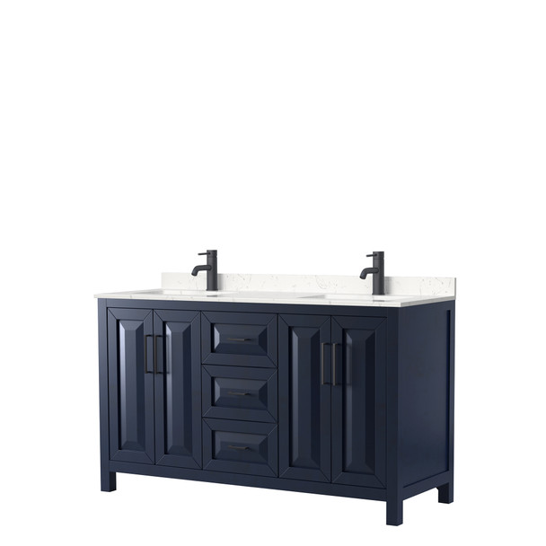 Daria 60 Inch Double Bathroom Vanity In Dark Blue, Carrara Cultured Marble Countertop, Undermount Square Sinks, Matte Black Trim