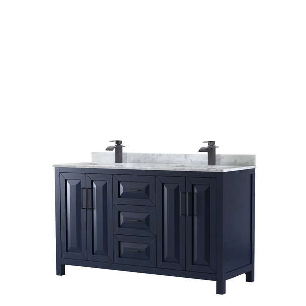 Daria 60 Inch Double Bathroom Vanity In Dark Blue, White Carrara Marble Countertop, Undermount Square Sinks, Matte Black Trim