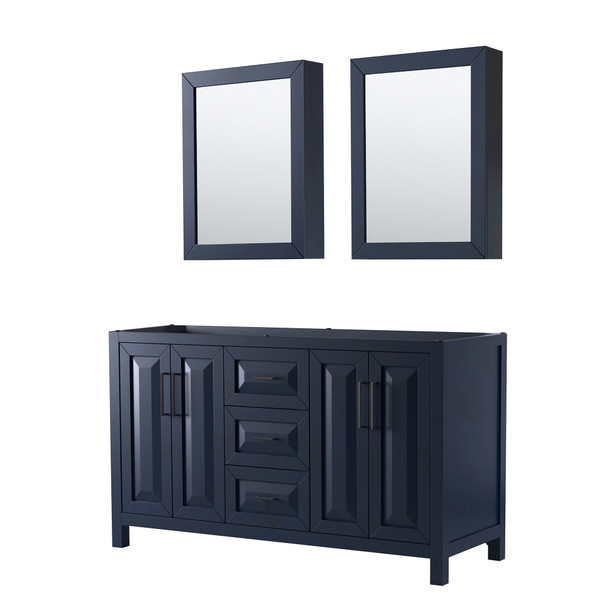 Daria 60 Inch Double Bathroom Vanity In Dark Blue, No Countertop, No Sink, Matte Black Trim, Medicine Cabinets