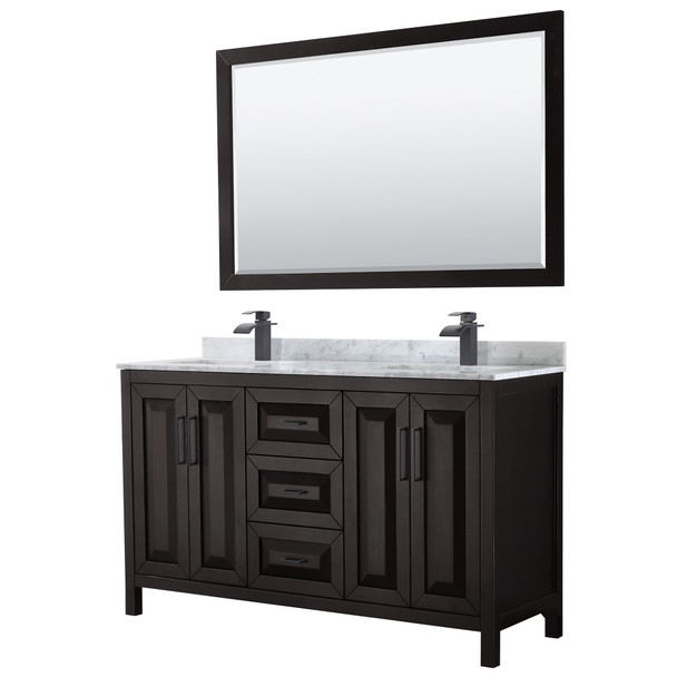 Daria 60 Inch Double Bathroom Vanity In Dark Espresso, White Carrara Marble Countertop, Undermount Square Sinks, Matte Black Trim, 58 Inch Mirror