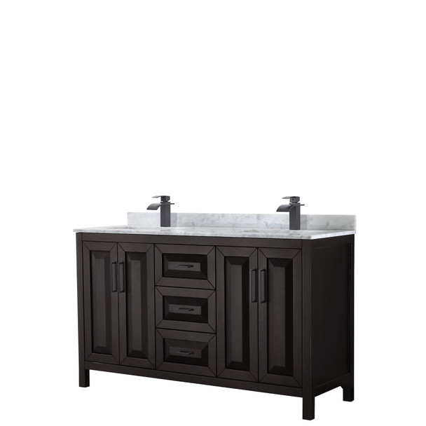 Daria 60 Inch Double Bathroom Vanity In Dark Espresso, White Carrara Marble Countertop, Undermount Square Sinks, Matte Black Trim