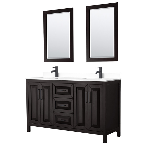 Daria 60 Inch Double Bathroom Vanity In Dark Espresso, White Cultured Marble Countertop, Undermount Square Sinks, Matte Black Trim, 24 Inch Mirrors