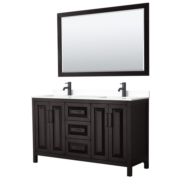 Daria 60 Inch Double Bathroom Vanity In Dark Espresso, White Cultured Marble Countertop, Undermount Square Sinks, Matte Black Trim, 58 Inch Mirror