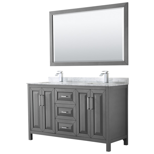 Daria 60 Inch Double Bathroom Vanity In Dark Gray, White Carrara Marble Countertop, Undermount Square Sinks, And 58 Inch Mirror