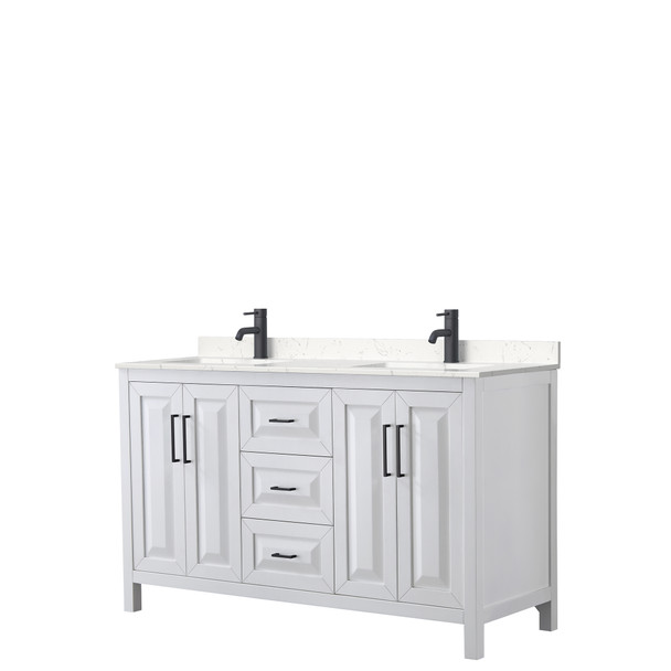 Daria 60 Inch Double Bathroom Vanity In White, Carrara Cultured Marble Countertop, Undermount Square Sinks, Matte Black Trim